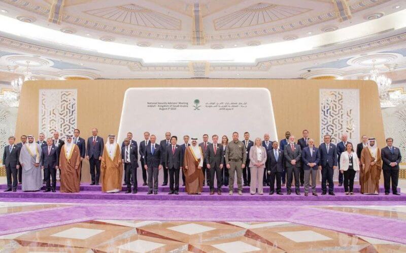 Representatives from more than 40 countries including China, India, and the U.S., pose for a family picture as they attend talks in Jeddah, Saudi Arabia, August 6, 2023, to make a headway towards a peaceful end to Russia's war in Ukraine. Saudi Press Agency/Handout via REUTERS