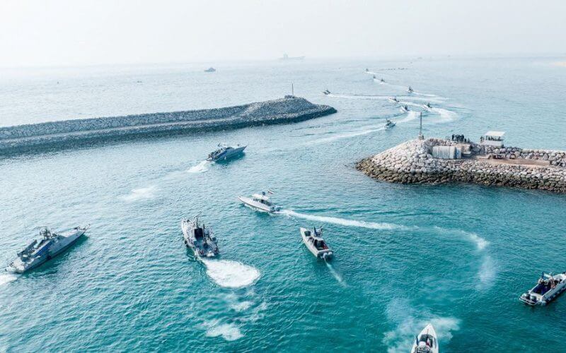 Islamic Revolutionary Guard Corps (IRGC) Navy's speedboats move during an exercise in Abu Musa Island, in this picture obtained on August 2, 2023. IRGC/WANA (West Asia News Agency)/Handout via REUTERS