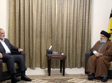 Hezbollah leader Sayyed Hassan Nasrallah (R), meeting with Ismail Haniyeh, the leader of the Palestinian terrorist group Hamas, in Beirut, Lebanon. Hezbollah Media Relations Office, via AP