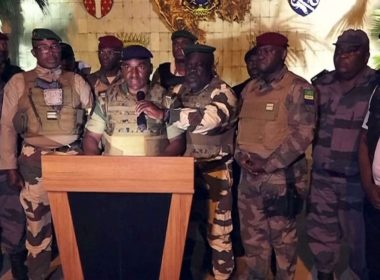 This video grab taken from Gabon 24 shows Gabonese soldiers appearing on television, Aug. 30, 2023 announcing they were "putting an end to the current regime" and the cancellation of an election that, according to official results, President Ali Bongo Ondimba won. Gabon 24/AFP via Getty Images