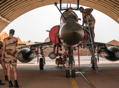 French Barkhane Air Force mechanics maintain a Mirage 2000 on the Niamey, Niger base, on June 5, 2021. (AP Photo/Jerome Delay, File)
