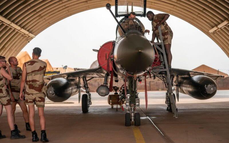 French Barkhane Air Force mechanics maintain a Mirage 2000 on the Niamey, Niger base, on June 5, 2021. (AP Photo/Jerome Delay, File)