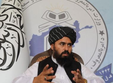 Molvi Mohammad Sadiq Akif, the spokesman for the Taliban's Ministry of Vice and Virtue, speaks during an interview in Kabul, Afghanistan, Thursday, Aug. 17, 2023. (AP Photo/Siddiqullah Alizai)