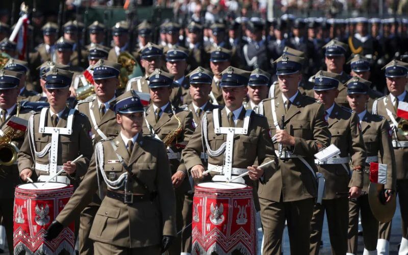 Members of a Polish military band arrive for the Armed Forces Day parade. Kacper Pempel/Reuters