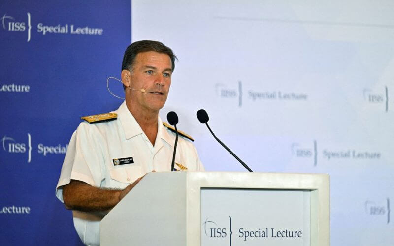 Admiral John C. Aquilino, Commander of the United States Indo-Pacific Command speaks at the IISS Special Lecture in Singapore March 16, 2023. REUTERS