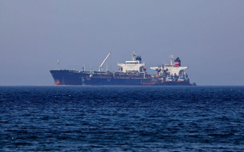The Liberian-flagged oil tanker Ice Energy transfers crude oil from the Iranian-flagged oil tanker Lana (former Pegas), off the shore of Karystos, on the Island of Evia, Greece, May 26, 2022. REUTERS