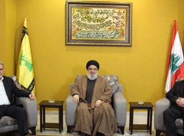 Handout picture provided by Hezbollah's media office, showing its leader Hassan Nasrallah meeting with Palestinian Islamic Jihad Secretary-General Ziad al-Nakhala (L) and Hamas' Deputy Chief Saleh al-Arouri at an undisclosed location in Lebanon. AFP