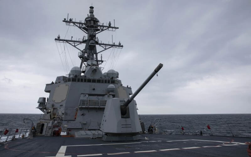 The Arleigh Burke-class guided-missile destroyer USS Ralph Johnson (DDG 114) conducts routine underway operations in the Taiwan Strait, on Sept. 9, 2023. (Mass Communication Specialist 1st Class Jamaal Liddell/U.S. Navy via AP)