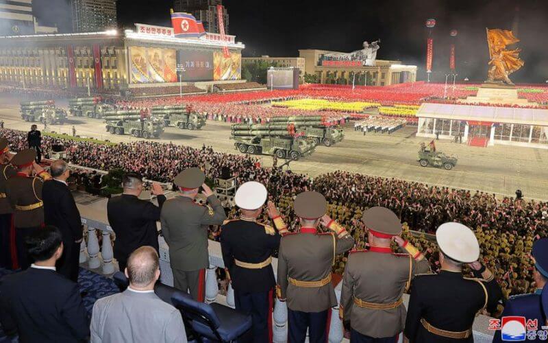 In this photo provided by the North Korean government, North Korean leader Kim Jong Un, seventh right, attends a military parade to mark the 70th anniversary of the armistice that halted fighting in the 1950-53 Korean War, on Kim Il Sung Square in Pyongyang, North Korea, on July 27, 2023. (Korean Central News Agency/Korea News Service via AP, File)