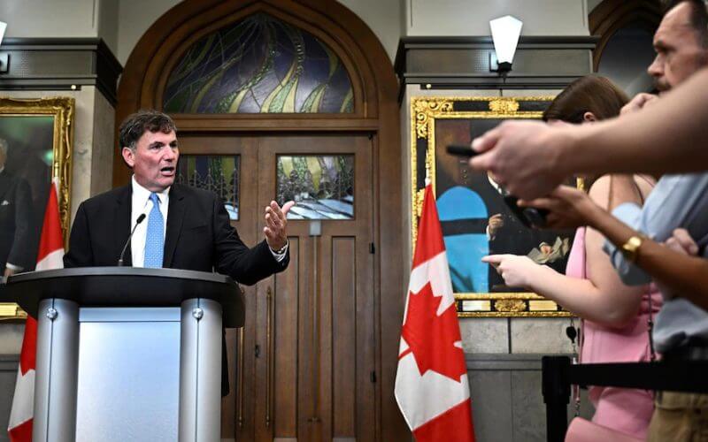Minister of Public Safety, Democratic Institutions and Intergovernmental Affairs Dominic LeBlanc speaks at a news conference on the appointment of Quebec Court of Appeal judge Marie-Josee Hogue for the inquiry into foreign interference, on Parliament Hill in Ottawa, on Thursday, Sept. 7, 2023. (Justin Tang/The Canadian Press via AP)