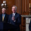 Speaker of the House Kevin McCarthy, R-Calif., flanked by Majority Whip Tom Emmer, R-Minn., left, and Republican Conference Chair Elise Stefanik, R-N.Y., holds a news conference just after the House approved a 45-day funding bill to keep federal agencies open. J. Scott Applewhite | AP