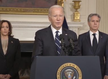 President Joe Biden condemns Hamas attack on Israel flanked by Vice President Kamala Harris and Secretary of State Antony Blinken. (Courtesy White House Live Stream)