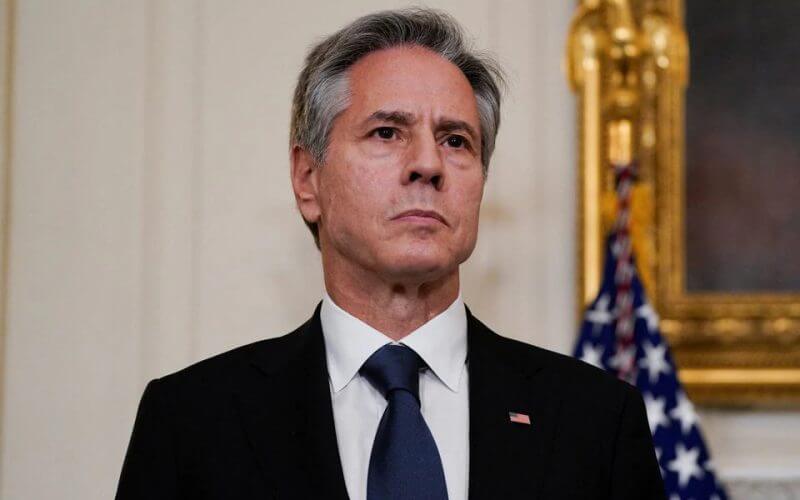 U.S. Secretary of State Antony Blinken looks on, as U.S. President Joe Biden (not pictured) speaks about the conflict in Israel, after Hamas launched its biggest attack in decades, while making a statement about the crisis, at the White House in Washington, U.S. October 7, 2023. REUTERS