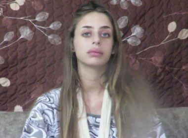 A screenshot from a clip published by the Hamas terror group on October 16, 2023, showing Mia Schem, an Israeli woman abducted by terrorists from a music festival during a massacre by Hamas gunmen on October 7, 2023. twitter.com