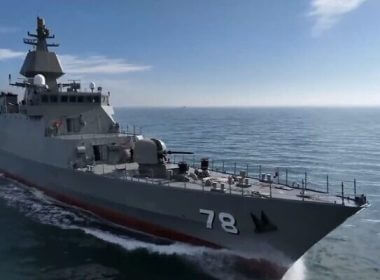 Screen capture from a video of the Iranian navy destroyer Deilaman. twitter.com