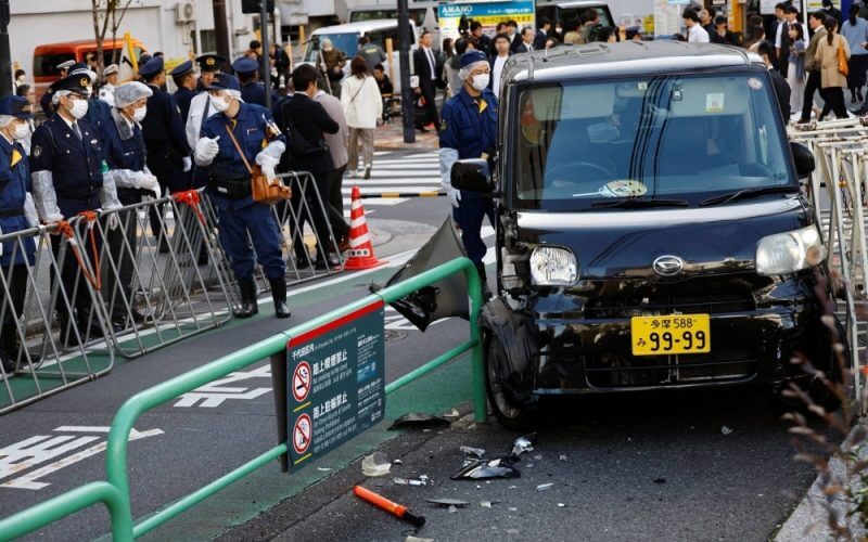 The scene after a car crashed into a barricade near the Israeli Embassy in Tokyo on Thursday | REUTERS