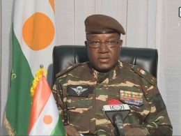 General Abdourahamane Tchiani, Niger's junta leader, speaking on national television in Niamey on July 28, 2023. AFP