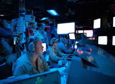 Sailors assigned to the Arleigh Burke-class guided-missile destroyer USS Carney (DDG 64) stand watch in the ship's Combat Information Center during an operation to defeat a combination of Houthi missiles and unmanned aerial vehicles, Oct. 19. US Navy photo by Mass Communication Specialist 2nd Class Aaron Lau