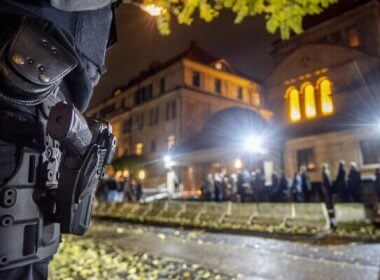 Police officers secure a synagogue in Frankfurt, Germany. (AP Photo/Michael Probst)