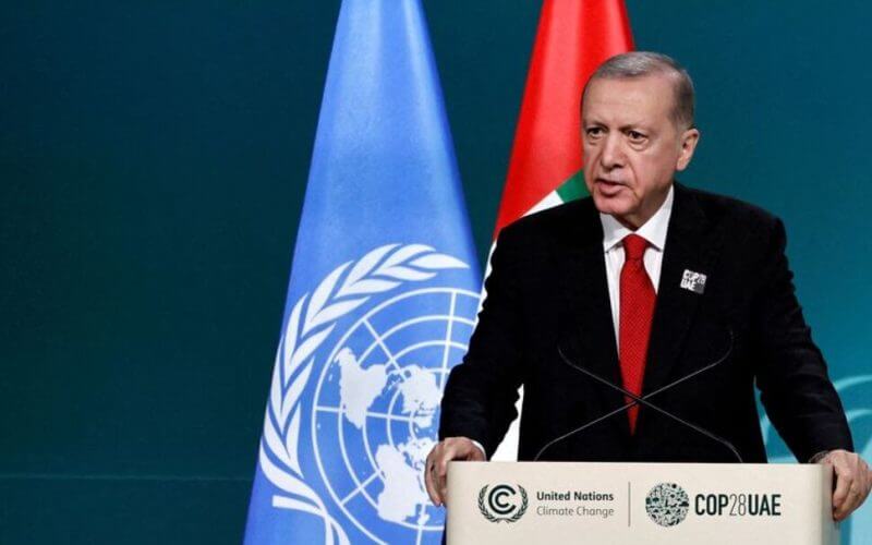 Turkish President Tayyip Erdogan delivers a national statement at the World Climate Action Summit during the United Nations Climate Change Conference (COP28) in Dubai, United Arab Emirates, December 1, 2023. Reuters