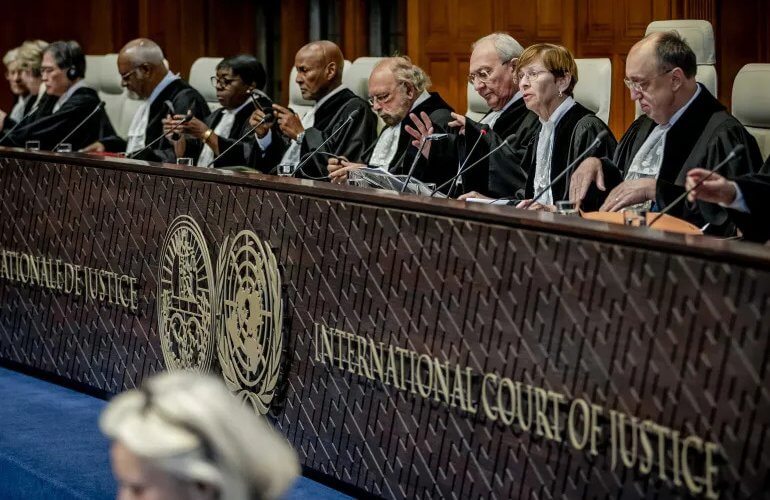 Judges at the International Court of Justice attend a hearing of the case against Israel brought by South Africa in The Hague [Remko De Waalepa/EFE/EPA]