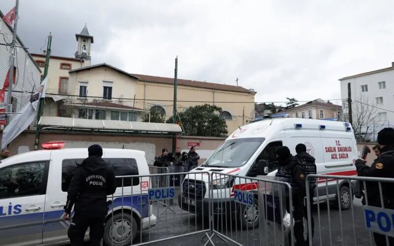 Police cordoned off an area outside the Santa Maria church in Istanbul on Sunday. Shutterstock