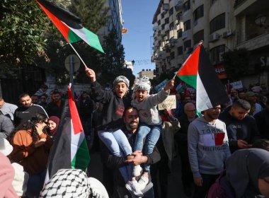 Palestinians wave their national flag and chant slogans during a rally and general strike in Ramallah on December 11, 2023. AFP