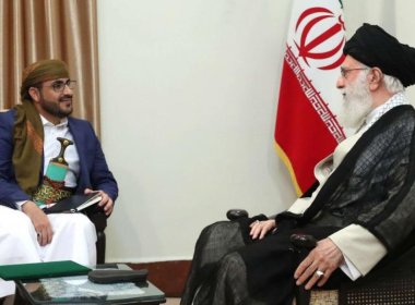 Iran’s Supreme Leader Ayatollah Ali Khamenei (R) meets with Mohammed Abdul-Salam, spokesman for Yemen’s Houthi rebels, in Tehran. AFP
