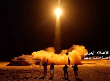 An image taken from a video by Houthi rebels shows what appears to be a ballistic missile launch reportedly from the Yemeni capital, Sanaa, on March 25. AFP