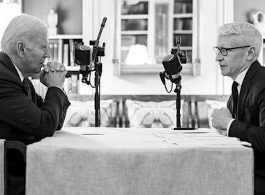 Joe Biden participates in an episode of Anderson Cooper's podcast 'All There Is,' Tuesday, Nov. 7, 2023, in the White House Library. (Official White House photo by Adam Schultz)