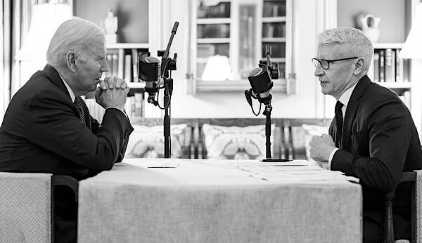 Joe Biden participates in an episode of Anderson Cooper's podcast 'All There Is,' Tuesday, Nov. 7, 2023, in the White House Library. (Official White House photo by Adam Schultz)