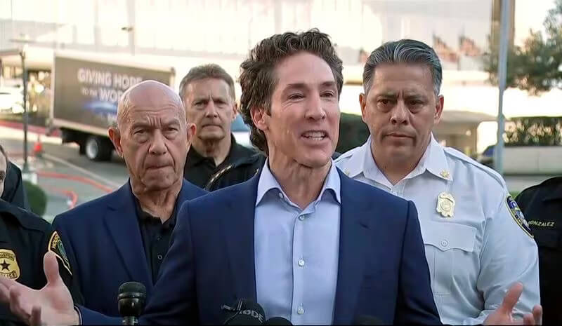 Joel Osteen speaks to the media after a shooting at Lakewood Church, in Houston, Sunday, Feb. 11, 2024. KTRK-TV