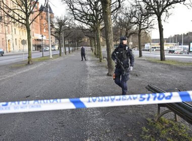 Police guard a cordon close to Israel’s embassy in Stockholm, Sweden after a suspected explosive device was found and destroyed. The prime minister described it as an ‘attempted attack’. Shutterstock
