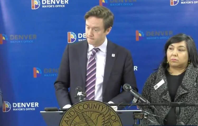 Denver Mayor Mike Johnston is joined by City Council member Jamie Torres during a press conference on Friday, Feb. 9, 2024. facebook.com
