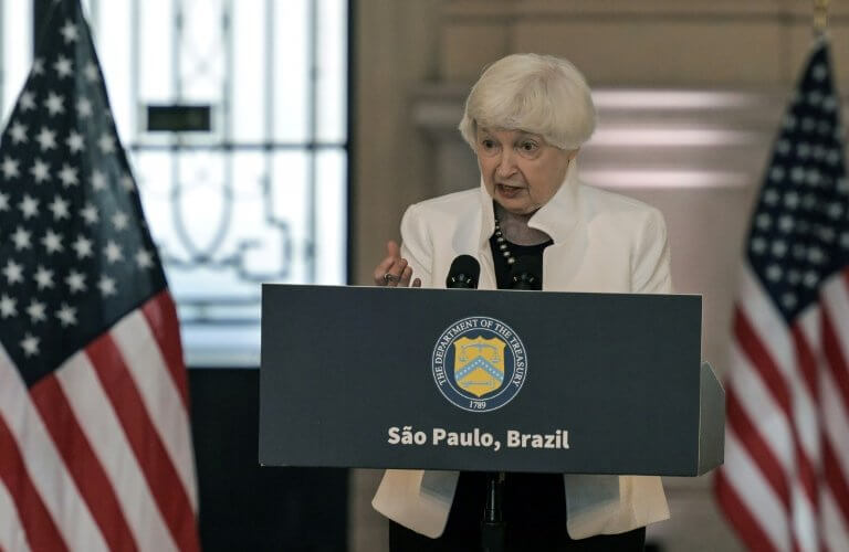 U.S. Treasury Secretary Janet Yellen speaks during a press conference in Sao Paulo, Brazil. Nelson ALMEIDA