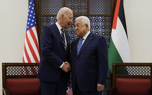 Palestinian Authority President Mahmoud Abbas and US President Joe Biden shake hands in the West Bank town of Bethlehem, July 15, 2022. (AP Photo/Evan Vucci)