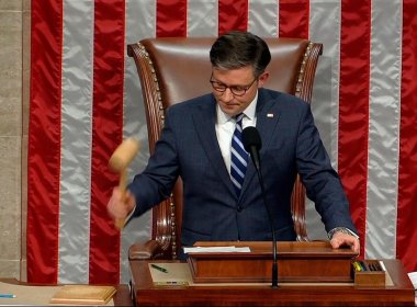 House Speaker Mike Johnson bangs a gavel at the U.S. Capitol on Tuesday after he announced the House voted to impeach Homeland Security Secretary Alejandro Mayorkas over the Biden administration's handling of the U.S-Mexico border. AP