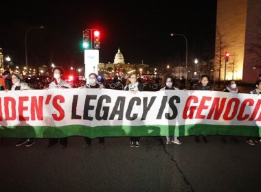 Demonstrators attempt to block President Joe Biden's motorcade route on March 7, 2024 in Washington, D.C. AP