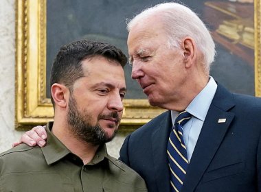 Ukrainian President Volodymyr Zelenskiy is embraced by US President Joe Biden in the Oval Office of the White House on September 21, 2023. Reuters