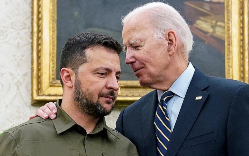 Ukrainian President Volodymyr Zelenskiy is embraced by US President Joe Biden in the Oval Office of the White House on September 21, 2023. Reuters