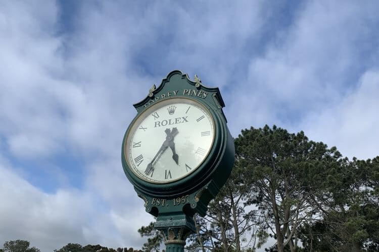A clock at Torrey Pines Golf Course in La Jolla, California. Cole Lauterbach