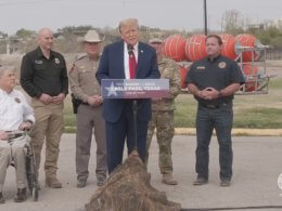 Former President Donald Trump with Texas Gov. Greg Abbott (far left) at the U.S. border with Mexico in Eagle Pass, Texas. facebook.com