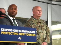 New York State Police Superintendant Steven James, left, and Maj. Gen. Raymond Shields listen as Gov. Kathy Hochul and MTA Chairman and CEO Janno Lieber make a subway safety announcement at the New York City Transit Rail Control Center on Wednesday, Mar 6, 2024. Metropolitan Transportation Authority