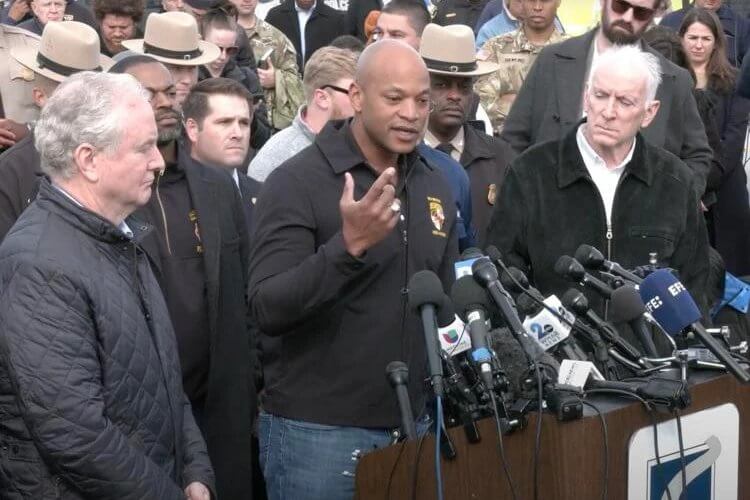 Maryland Gov. Wes Moore speaks at a press conference Tuesday, March 26, 2024. Moore was talking about the early-morning crash of a cargo ship into the Francis Scott Key Bridge. youtube.com