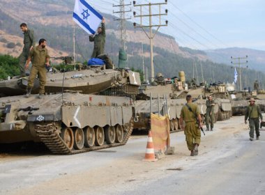 IDF Armored forces at a staging area in Upper Galilee, near the northern Israeli border with Lebanon, October 11, 2023. (Ayal Margolin/Flash90)