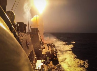 The U.S. Navy destroyer Carney fires missiles to counter drone and missile fire by Houthi rebels in the Red Sea. MC2 Aaron Lau/U.S. Navy