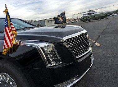 The presidential limousine, known as 'The Beast,' sits on the tarmac as Marine One, with Joe Biden aboard, arrives at Leesburg Executive Airport in Leesburg, Virginia, Thursday, Feb. 8, 2024. The White House