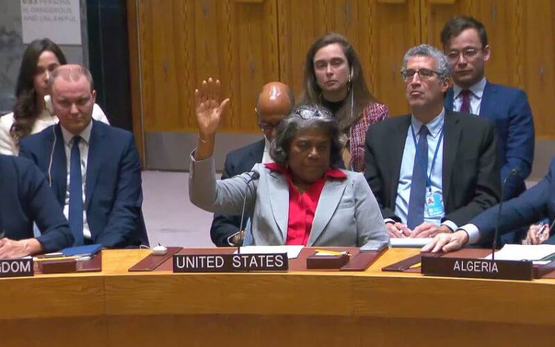 Ambassador Linda Thomas-Greenfield, Permanent Representative of the United States to the U.N., casts her abstention during voting on the resolution demanding an immediate ceasefire in Gaza for the month of Ramadan. un.org