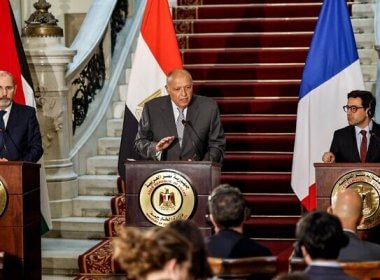 Jordan’s Foreign Minister Ayman Safadi, Egypt’s Foreign Minister Sameh Shoukry, and France’s Minister for Europe and Foreign Affairs Stephane Sejourne give a joint press conference at the Egyptian foreign ministry’s Tahrir Palace headquarters in central Cairo on March 30, 2024. (Khaled DESOUKI / AFP)