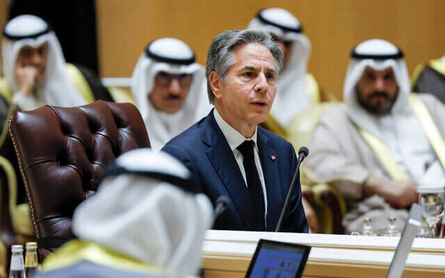 US Secretary of State Antony Blinken attends a Joint Ministerial Meeting of the Gulf Cooperation Council-US Strategic Partnership discussing the humanitarian situation in Gaza, at the Gulf Cooperation Council Secretariat in Riyadh on April 29, 2024. AFP
